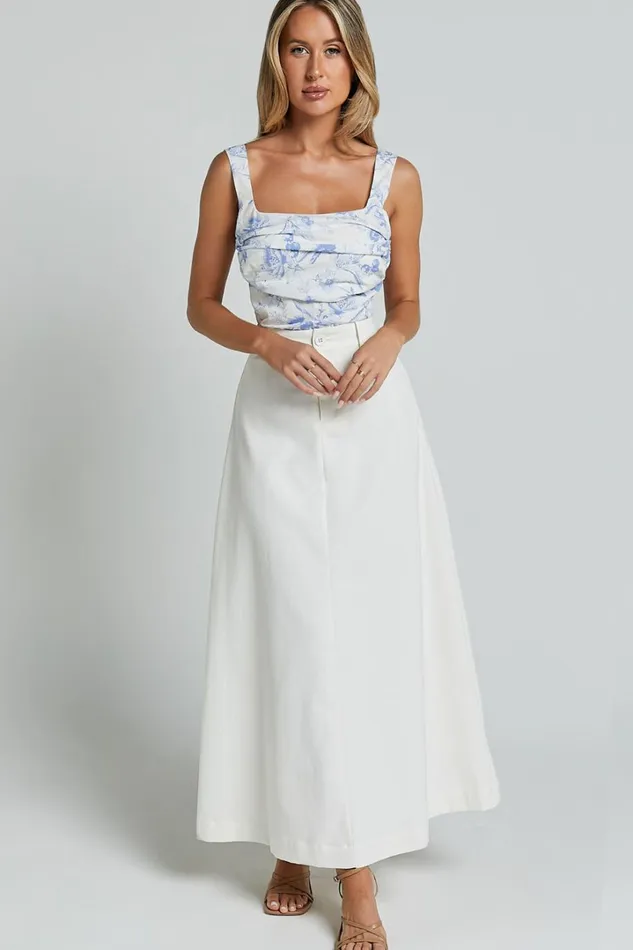 Dresden Top 8211 Square Neck Ruched Bodice Corset Top In White And Blue Floral Women Showpo Tops