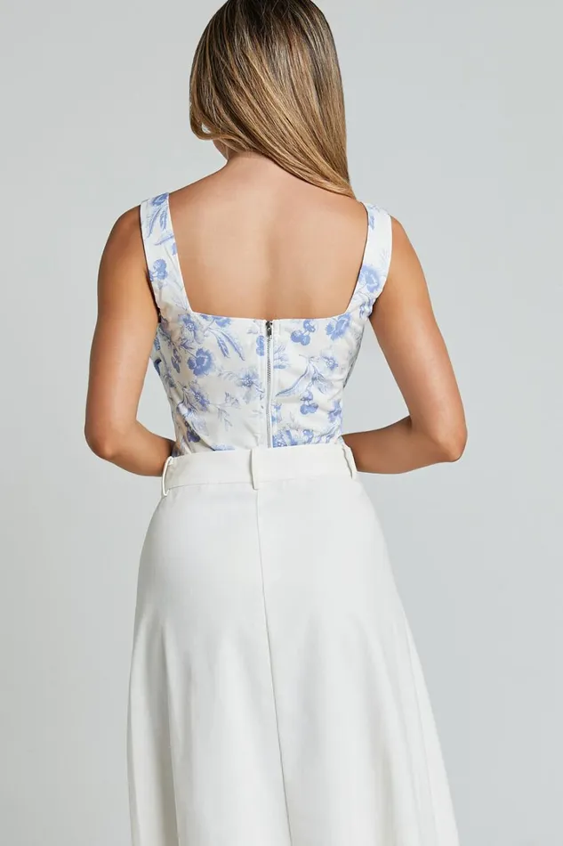 Dresden Top 8211 Square Neck Ruched Bodice Corset Top In White And Blue Floral Women Showpo Tops