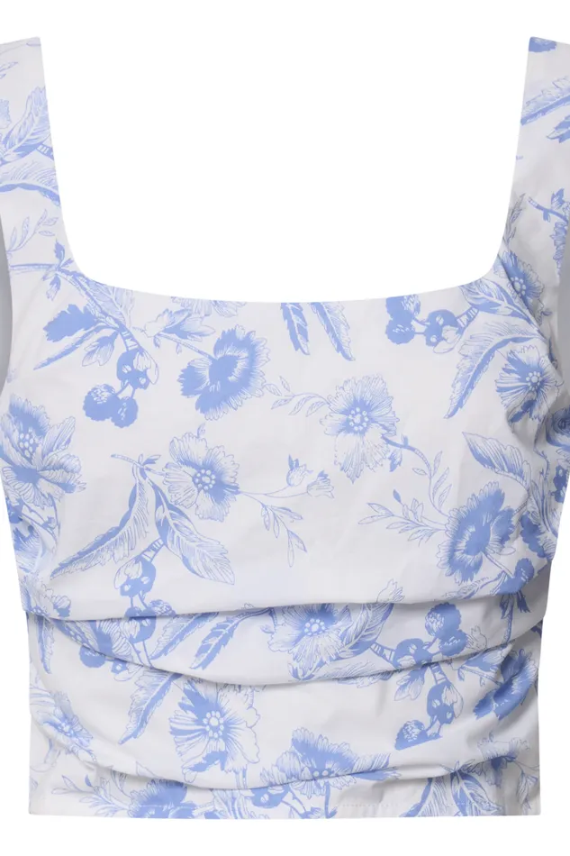 Dresden Top 8211 Square Neck Ruched Bodice Corset Top In White And Blue Floral Women Showpo Tops
