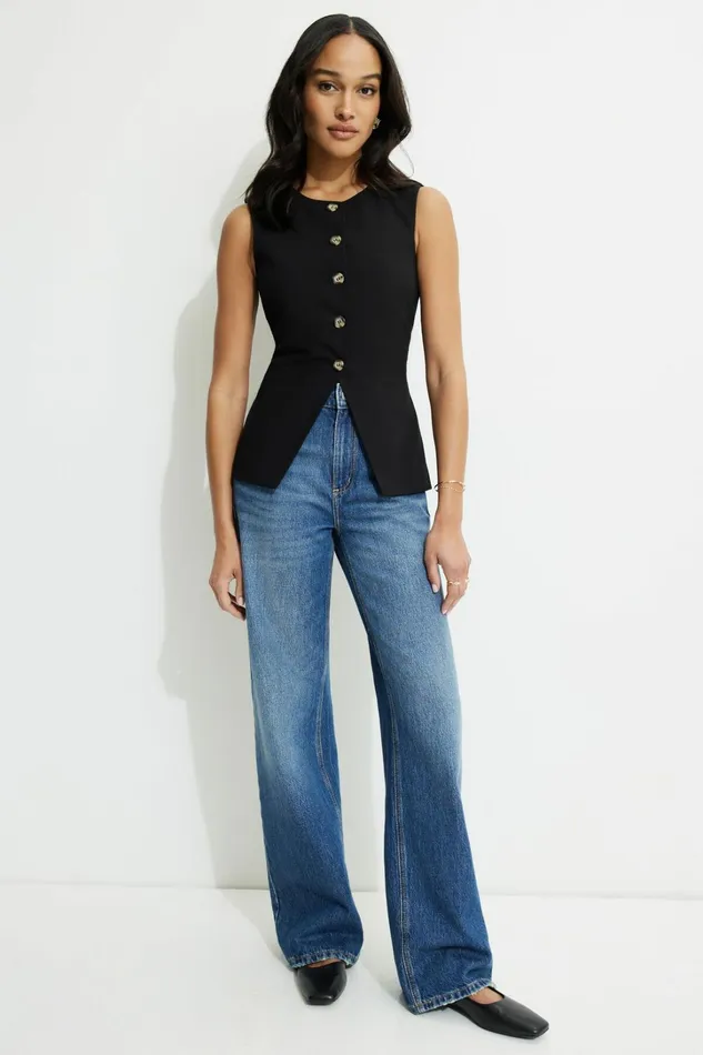 Dynamite Blazers and Vests Women Emery Round Neck Flyaway Vest BLACK