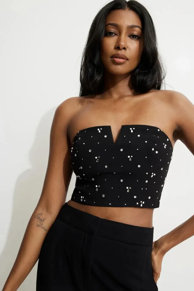 Dynamite Blouses and Tops Women Cropped Rhinestone Bustier Top Black