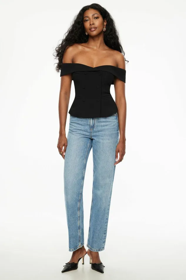 Dynamite Blouses and Tops Women Off Shoulder Buttoned Vest Black