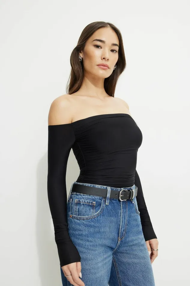 Dynamite Bodysuits Women Ruched Off Shoulder Jersey Bodysuit Black