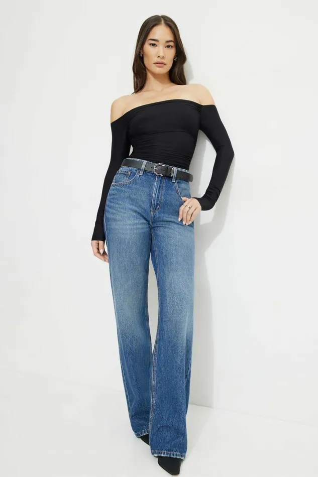Dynamite Bodysuits Women Ruched Off Shoulder Jersey Bodysuit Black