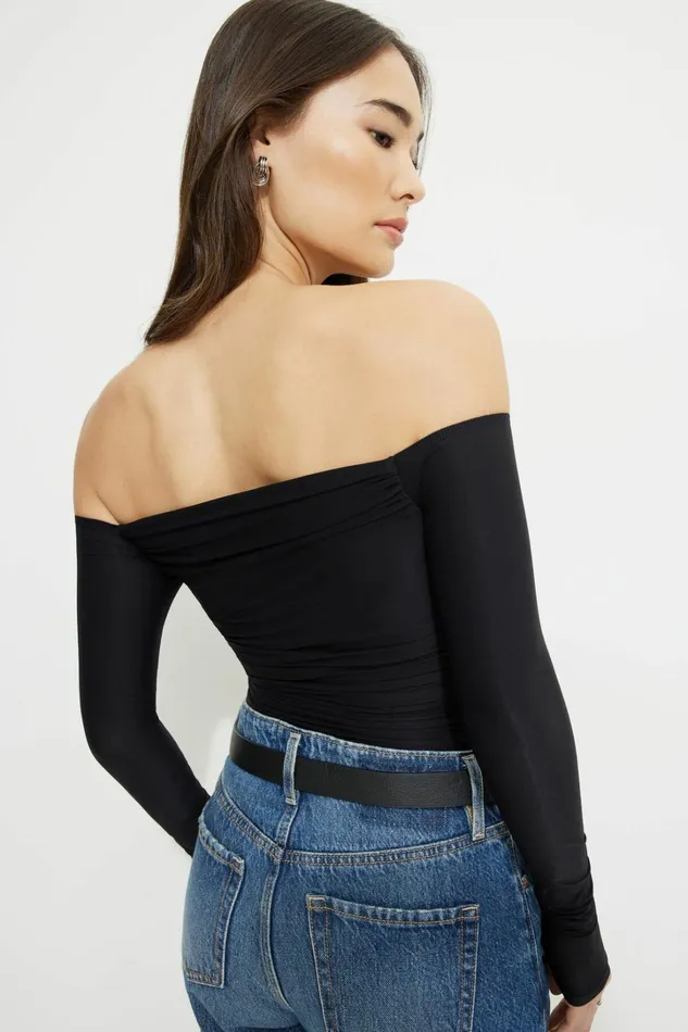 Dynamite Bodysuits Women Ruched Off Shoulder Jersey Bodysuit Black