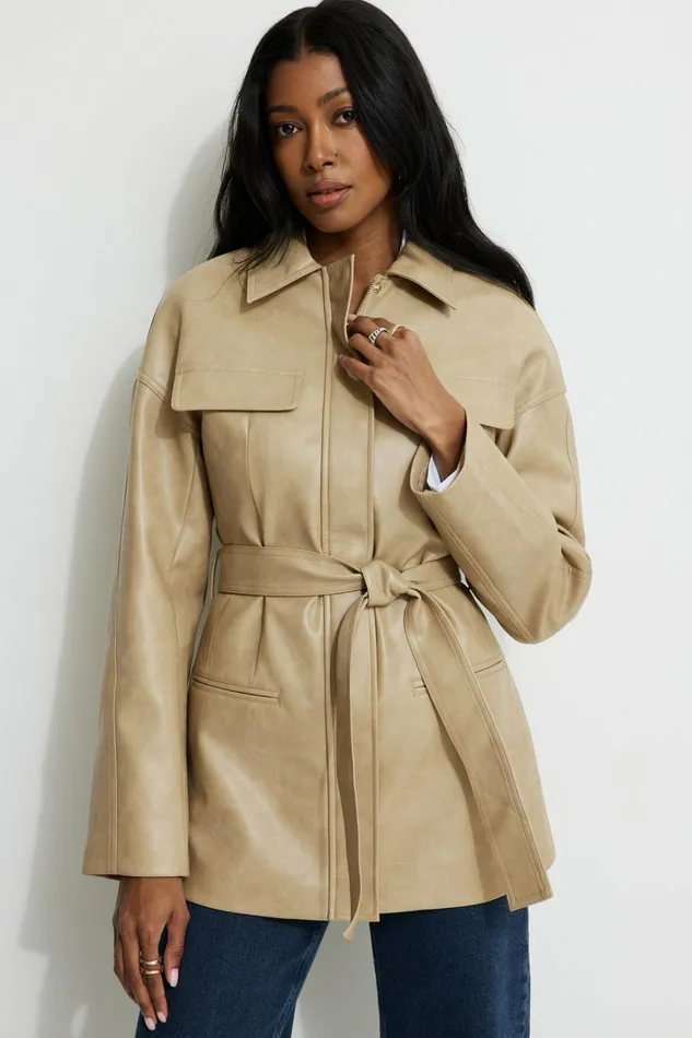 Dynamite Coats and Jackets Women Belted Faux Leather Jacket Beige
