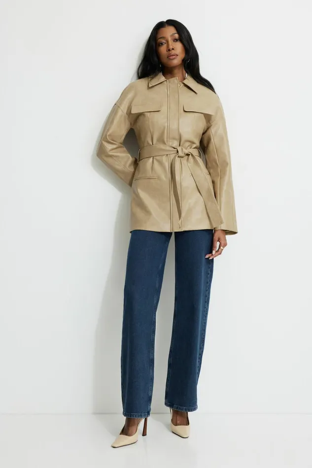 Dynamite Coats and Jackets Women Belted Faux Leather Jacket Beige