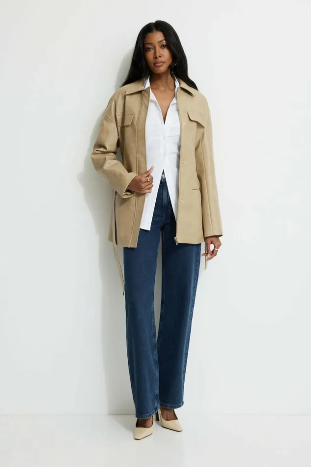 Dynamite Coats and Jackets Women Belted Faux Leather Jacket Beige