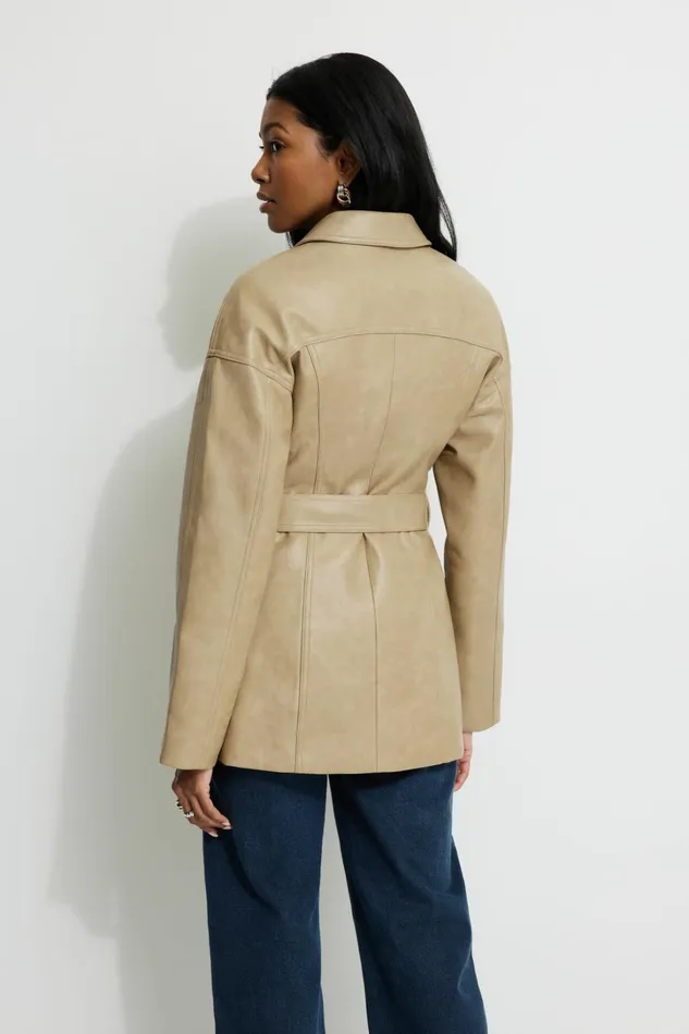 Dynamite Coats and Jackets Women Belted Faux Leather Jacket Beige