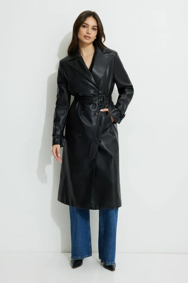 Dynamite Coats and Jackets Women Military Faux Leather Trench Coat Black
