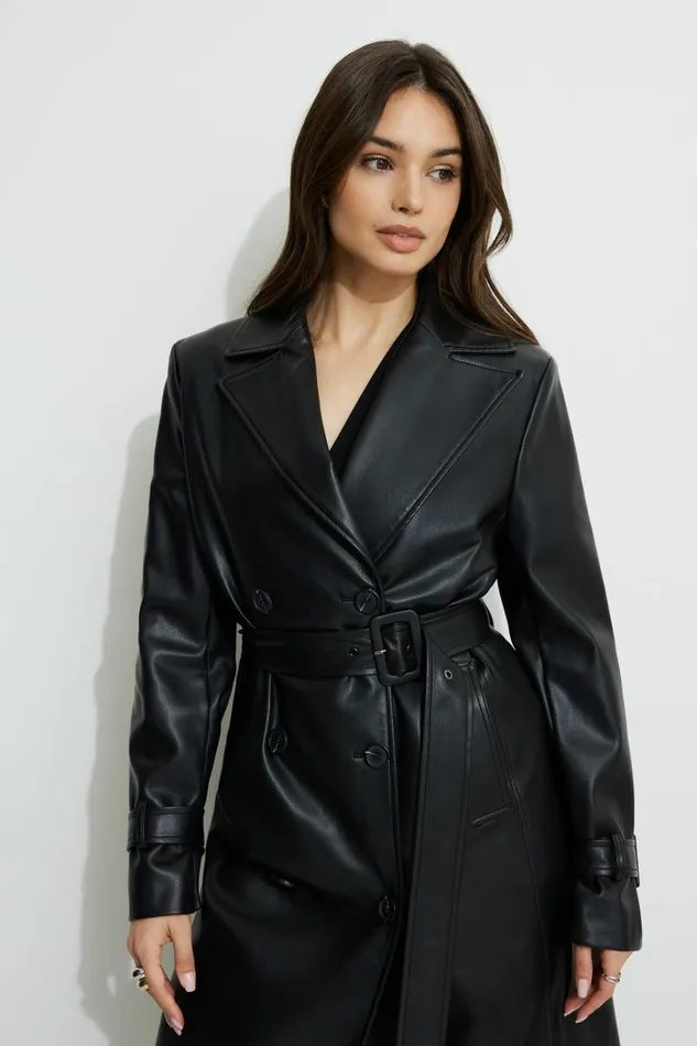 Dynamite Coats and Jackets Women Military Faux Leather Trench Coat Black