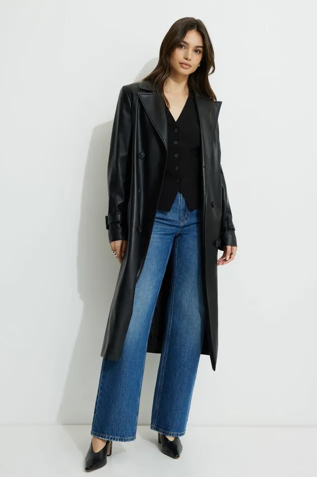 Dynamite Coats and Jackets Women Military Faux Leather Trench Coat Black
