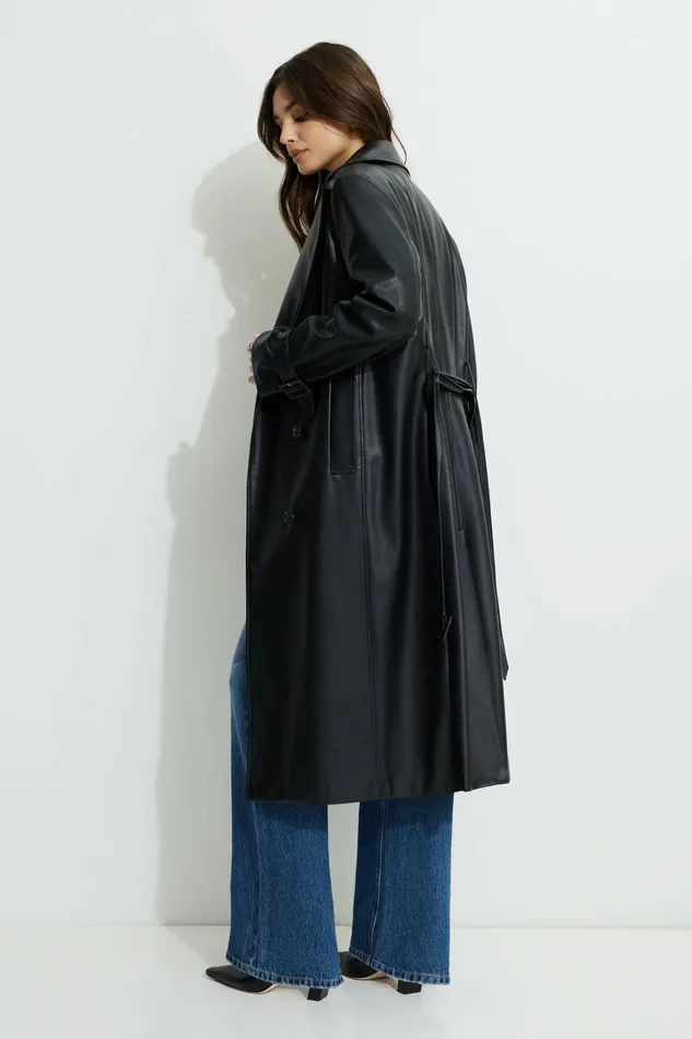 Dynamite Coats and Jackets Women Military Faux Leather Trench Coat Black