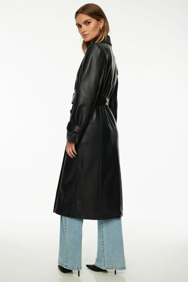 Dynamite Coats and Jackets Women Military Faux Leather Trench Coat Black