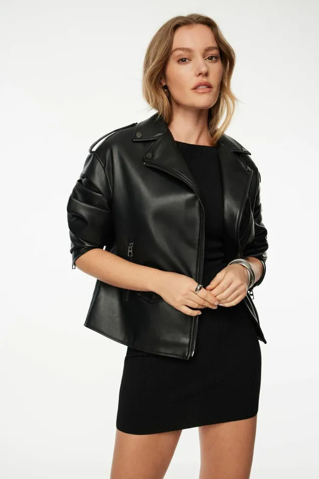 Dynamite Coats and Jackets Women Oversized Faux Leather Biker Jacket BLACK