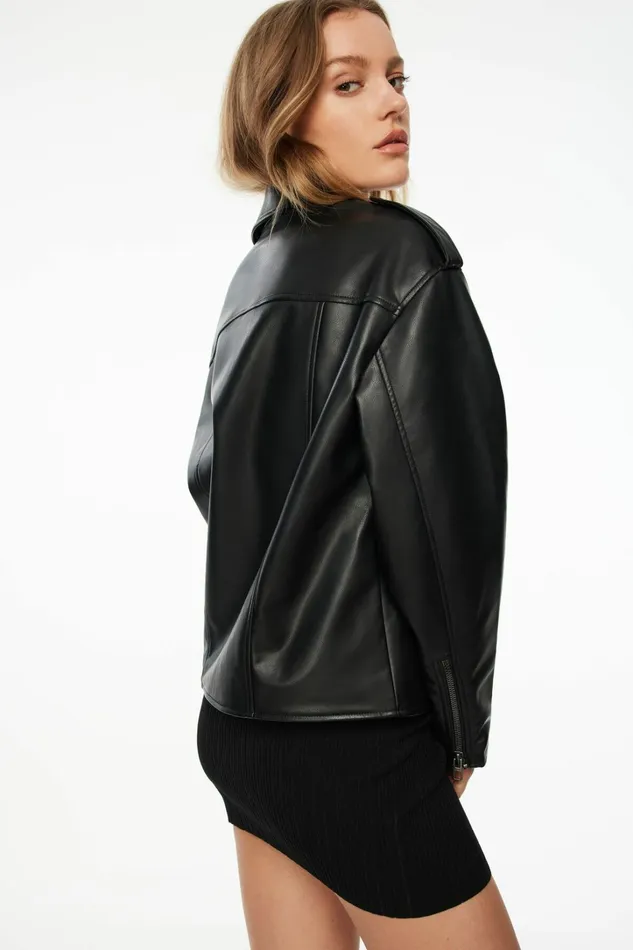 Dynamite Coats and Jackets Women Oversized Faux Leather Biker Jacket BLACK