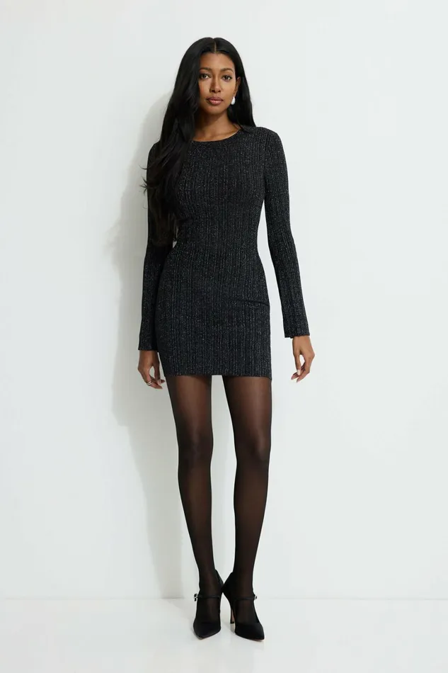 Dynamite Dresses and Jumpsuits Women Ribbed Metallic Mini Dress BLACK