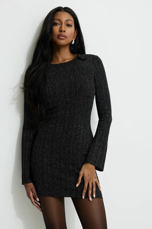 Dynamite Dresses and Jumpsuits Women Ribbed Metallic Mini Dress BLACK