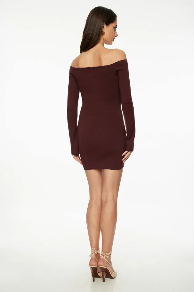 Dynamite Dresses and Jumpsuits Women Ribbed Off Shoulder Mini Dress BURGUNDY