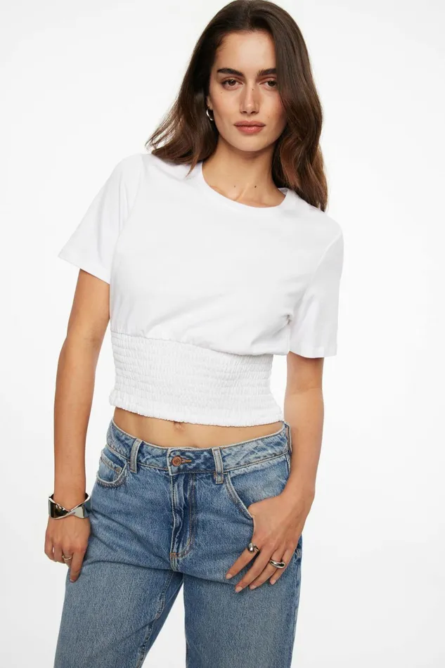Dynamite Short Sleeve Tops Women Smocked Crewneck TShirt White
