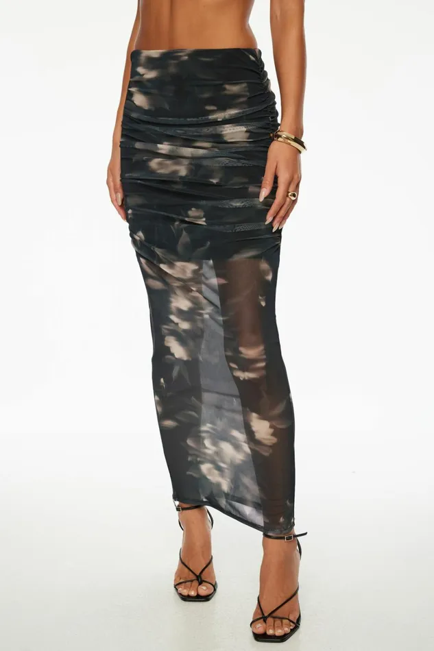 Dynamite Skirts and Skorts Women Ruched Mesh Maxi Skirt Black