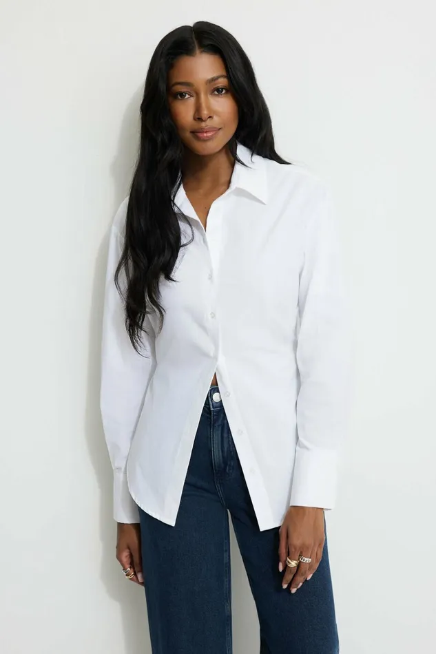 Dynamite Tops Women Cinched Waist Poplin Shirt White