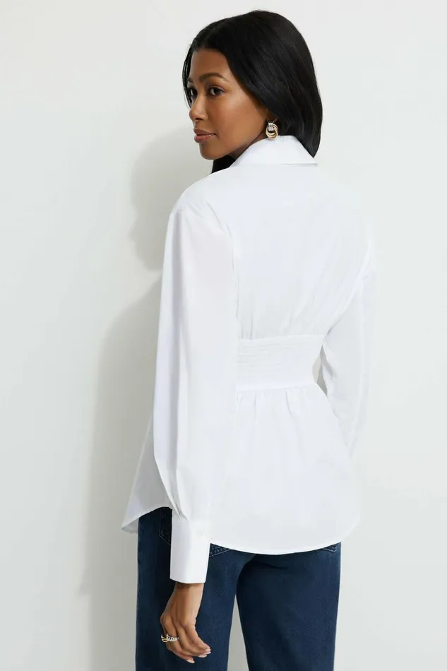 Dynamite Tops Women Cinched Waist Poplin Shirt White