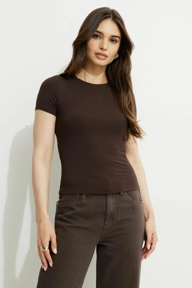Dynamite Tops Women Drea Jersey Crewneck T Shirt Brown