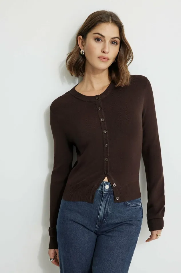 Dynamite Tops Women Rebecca Crewneck Cardigan Brown