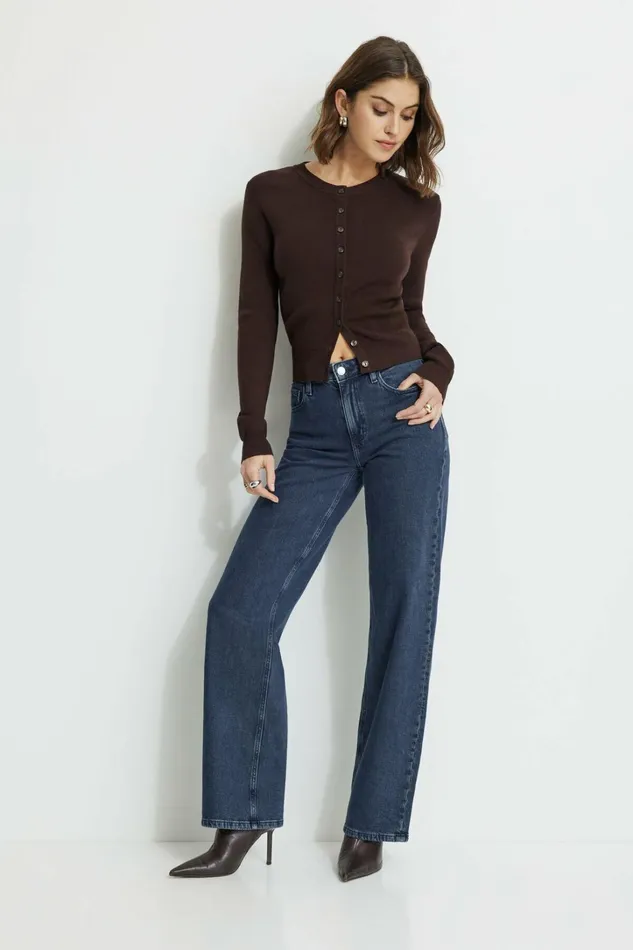 Dynamite Tops Women Rebecca Crewneck Cardigan Brown