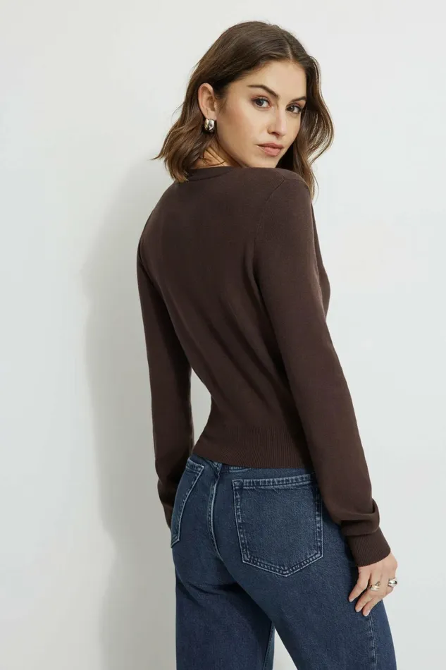 Dynamite Tops Women Rebecca Crewneck Cardigan Brown