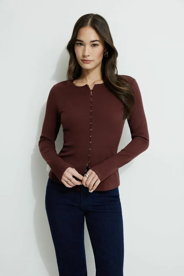 Dynamite Tops Women Renae Ribbed Flyaway Cardigan Burgundy