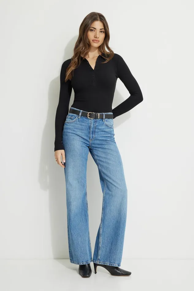 Dynamite Tops Women Ribbed Long Sleeve Polo Black