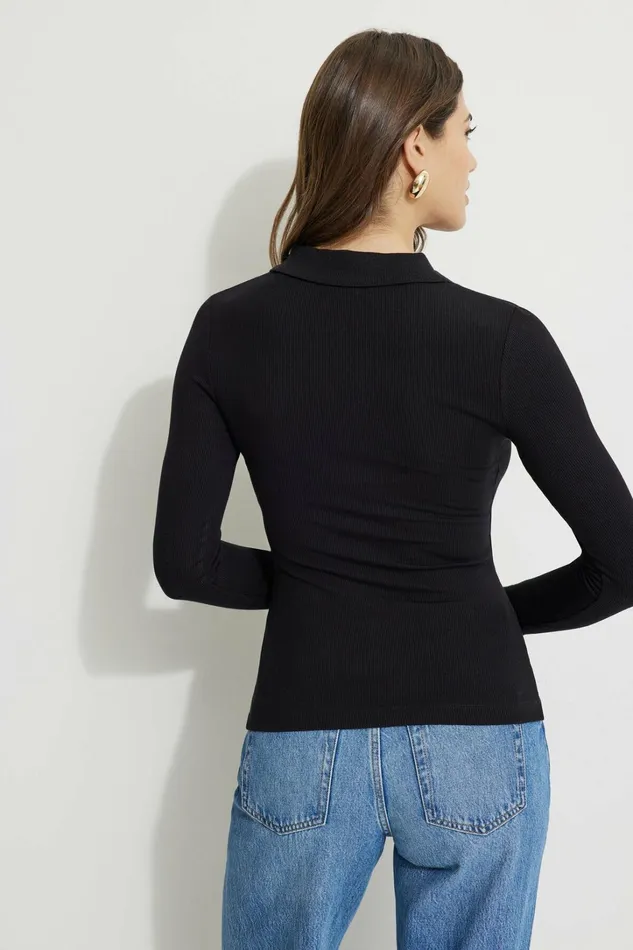 Dynamite Tops Women Ribbed Long Sleeve Polo Black
