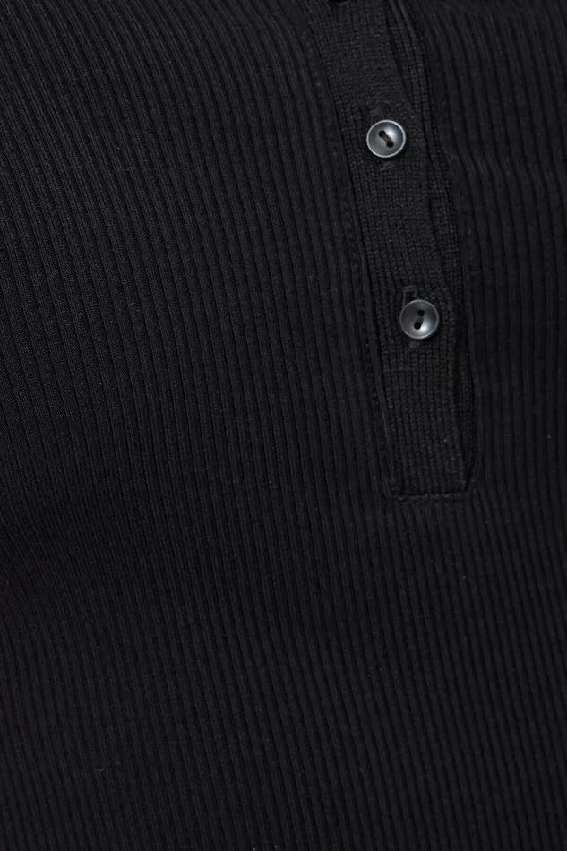 Dynamite Tops Women Ribbed Long Sleeve Polo Black