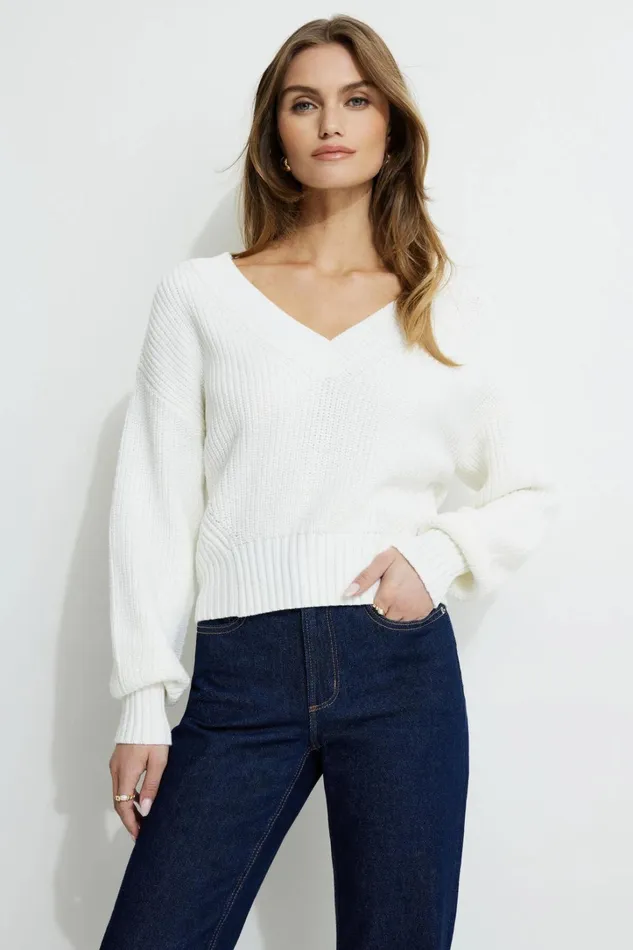 Dynamite Tops Women Stephanie Cinched Waist Sweater White
