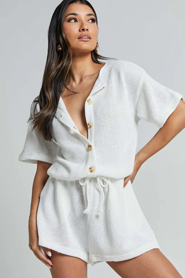 Edeline Playsuit 8211 Button Front Short Sleeve Drawstring Waist In Off White Women Showpo Rompers Edeline Playsuit 8211 Button Front Short Sleeve Drawstring Waist In Off White Women Showpo Rompers