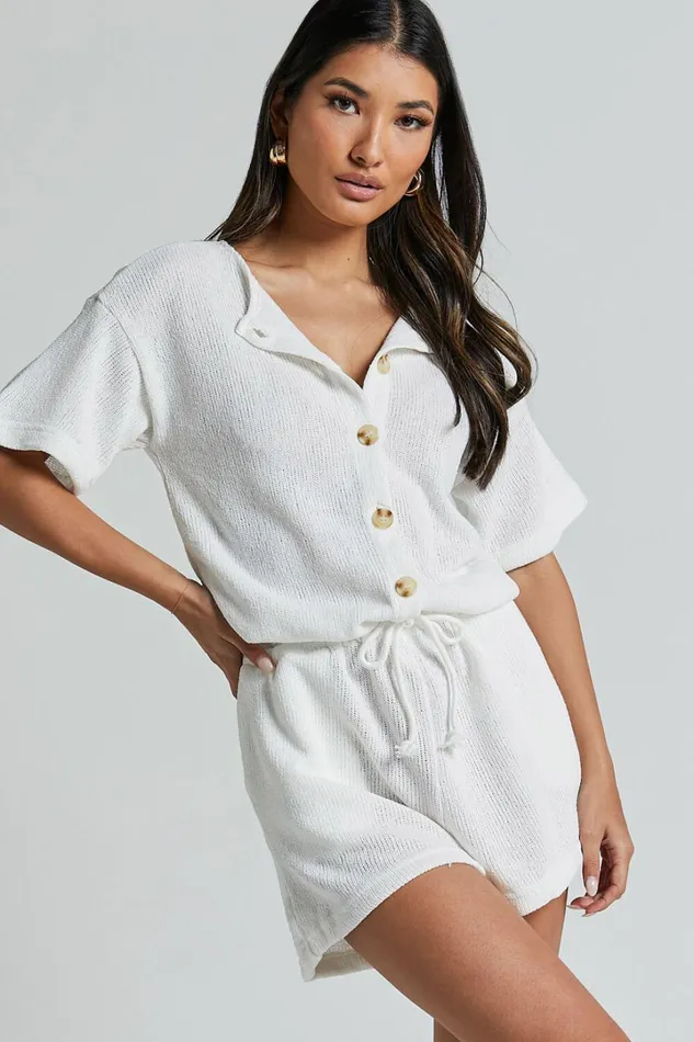 Edeline Playsuit 8211 Button Front Short Sleeve Drawstring Waist In Off White Women Showpo Rompers