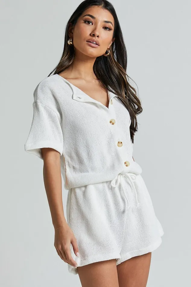 Edeline Playsuit 8211 Button Front Short Sleeve Drawstring Waist In Off White Women Showpo Rompers