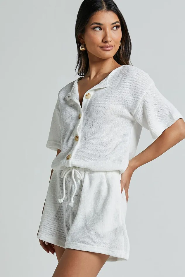 Edeline Playsuit 8211 Button Front Short Sleeve Drawstring Waist In Off White Women Showpo Rompers