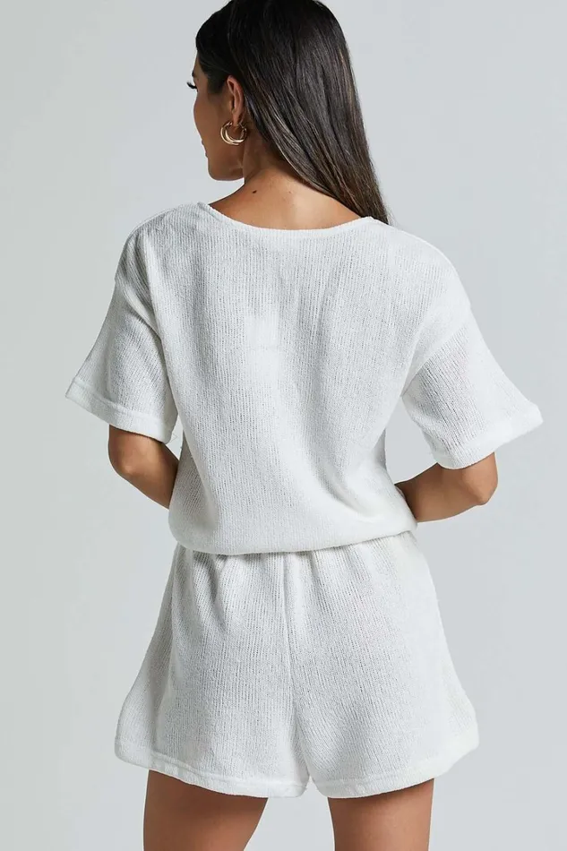 Edeline Playsuit 8211 Button Front Short Sleeve Drawstring Waist In Off White Women Showpo Rompers