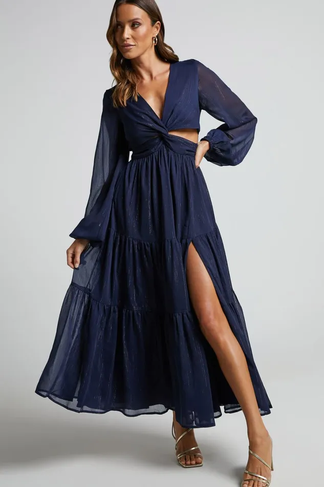 Edelyn Midi Dress 8211 Cut Out Balloon Sleeve Tiered Dress In Navy Women Showpo Curve Clothes Edelyn Midi Dress 8211 Cut Out Balloon Sleeve Tiered Dress In Navy Women Showpo Curve Clothes