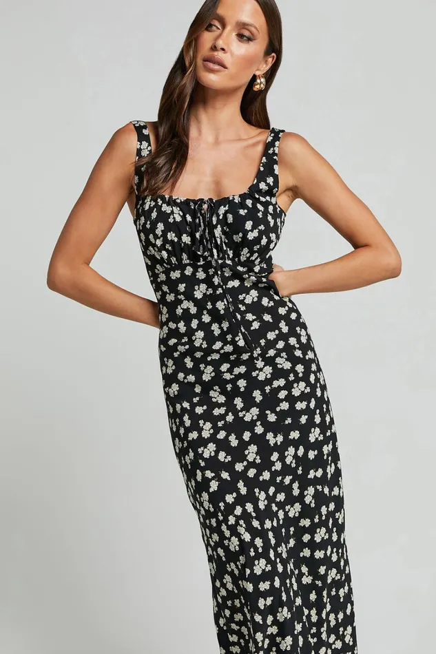 Elanora Midi Dress 8211 Scoop Neck Keyhole Front Empire Waist Bias Cut Slip Dress In Black Wildflower Women Showpo Curve Clothes