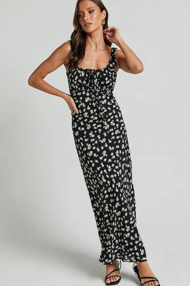 Elanora Midi Dress 8211 Scoop Neck Keyhole Front Empire Waist Bias Cut Slip Dress In Black Wildflower Women Showpo Curve Clothes