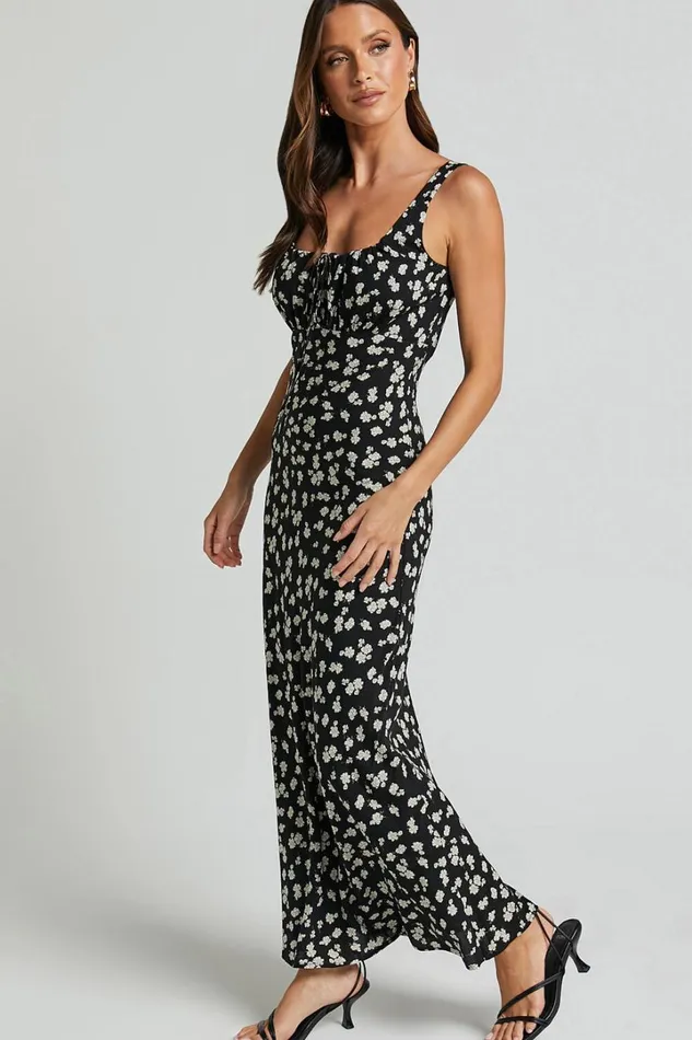 Elanora Midi Dress 8211 Scoop Neck Keyhole Front Empire Waist Bias Cut Slip Dress In Black Wildflower Women Showpo Curve Clothes