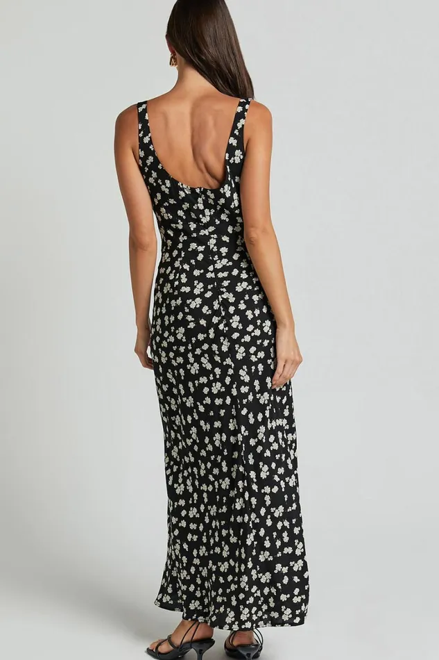 Elanora Midi Dress 8211 Scoop Neck Keyhole Front Empire Waist Bias Cut Slip Dress In Black Wildflower Women Showpo Curve Clothes