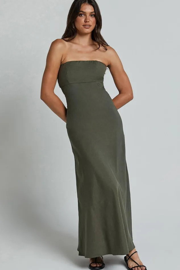 Elerie Maxi Dress 8211 Strapless Linen Dress In Olive Women Showpo Dresses
