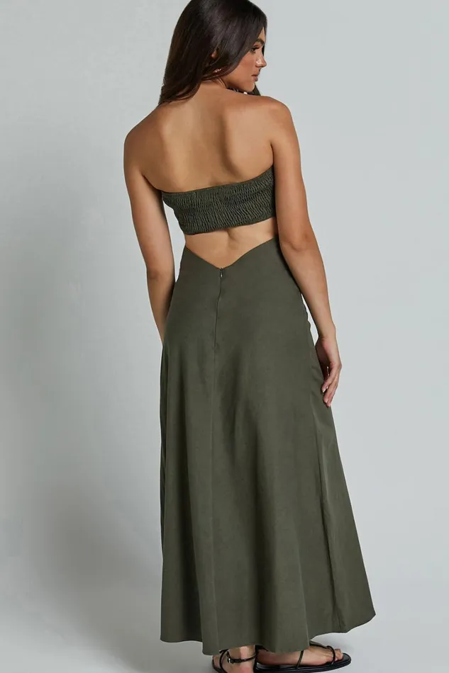 Elerie Maxi Dress 8211 Strapless Linen Dress In Olive Women Showpo Dresses