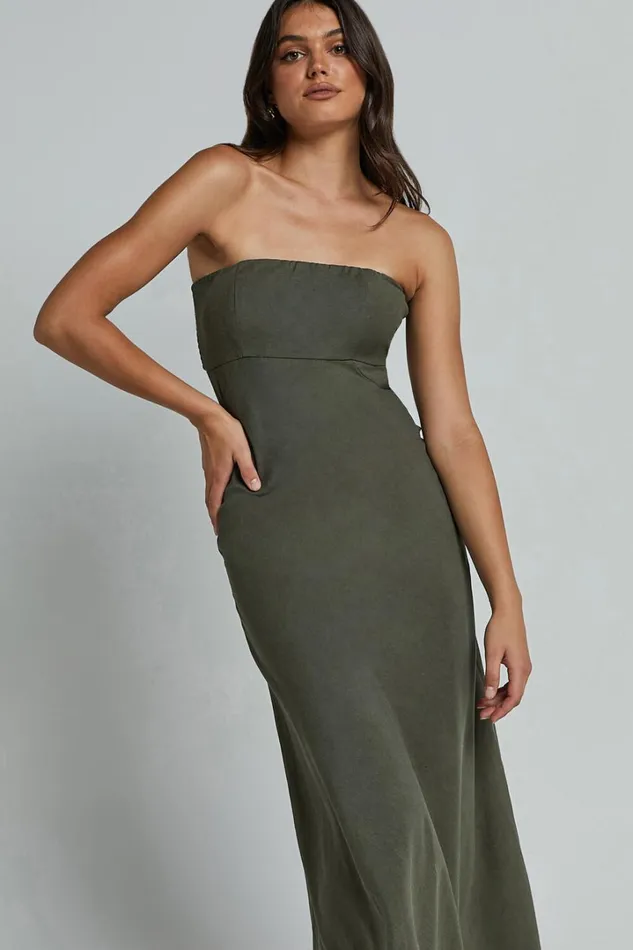 Elerie Maxi Dress 8211 Strapless Linen Dress In Olive Women Showpo Dresses