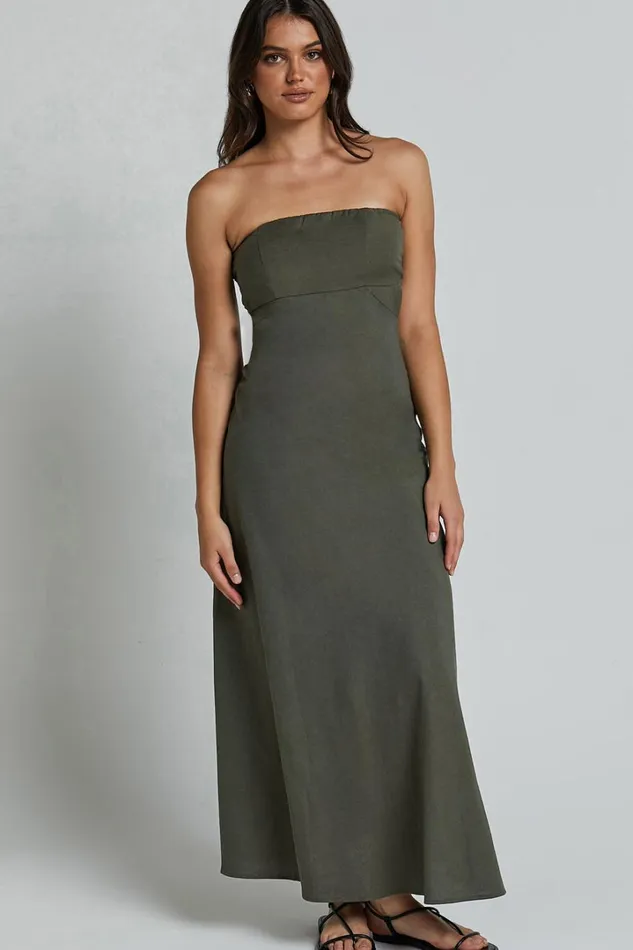 Elerie Maxi Dress 8211 Strapless Linen Dress In Olive Women Showpo Dresses